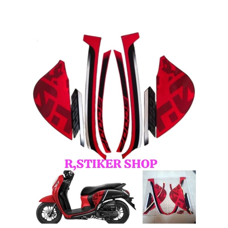 STIKER STRIPING LIS BODY MOTOR HONDA SCOOPY SPORTY 2021, hitam merah
