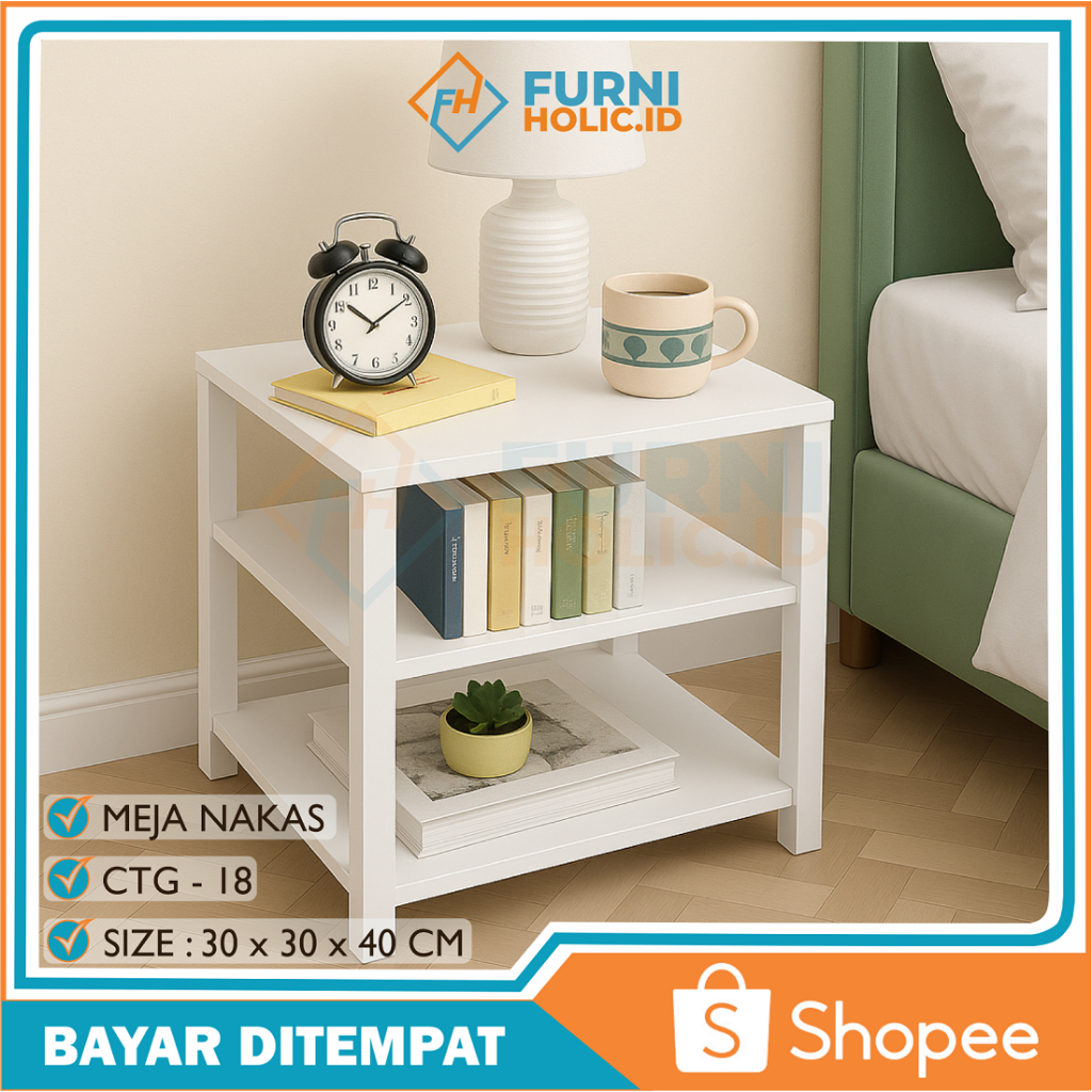 FURNIHOLIC Meja Kecil Kamar Tidur / Meja Nakas Portable / Bedside Table Minimalis / Rak Meja Kecil