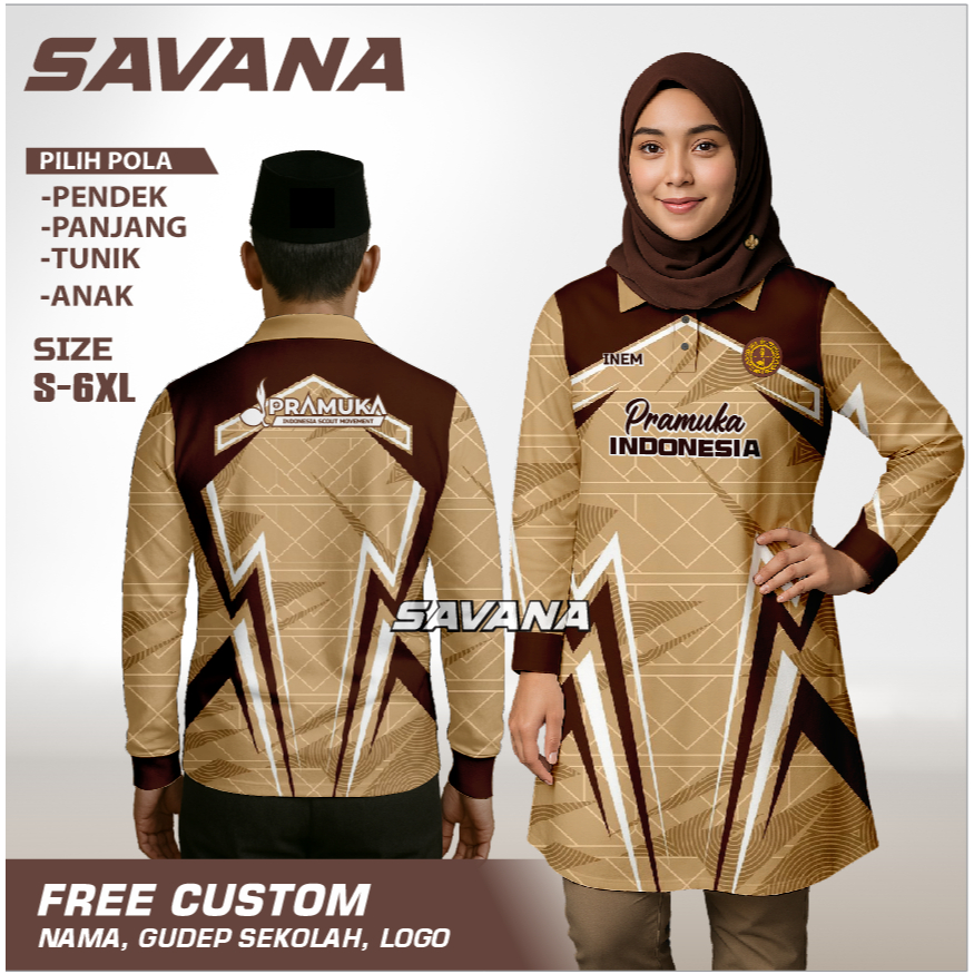 SAVANA - Jersey PRAMUKA Vnek / Panjang / Berkerah / tunik  printing penggalang pdh pdl custom / baju
