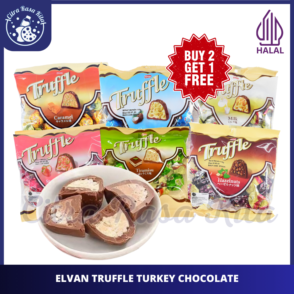 

Halal Elvan Truffle Coklat Arab Turki Rasa Tiramisu, Milk, Caramel, Hazelnut, Coconut & Strawberry 115gr