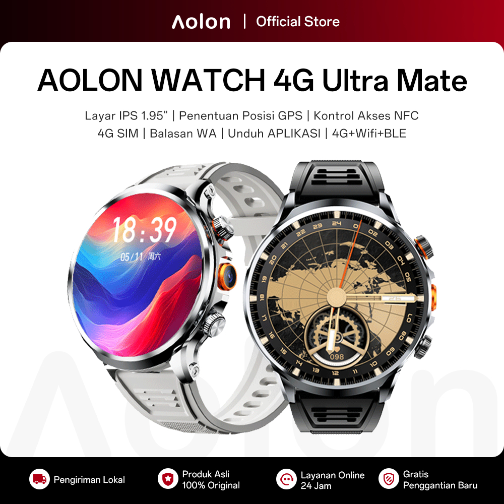 Aolon 4G Ultra Mate Smartwatch 52mm Sim Card Wifi GPS 1.95'' IPS Screen App Download WA Reply Smart 