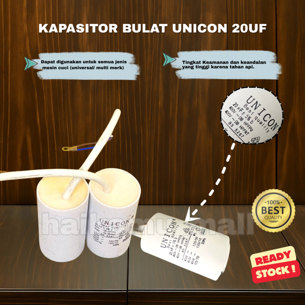 KAPASITOR 20 MIKRO (UF) BULAT SINGLE UNICON / UNTUK POMPA AIR, MESIN CUCI, DAN ALAT ELEKTRONIK