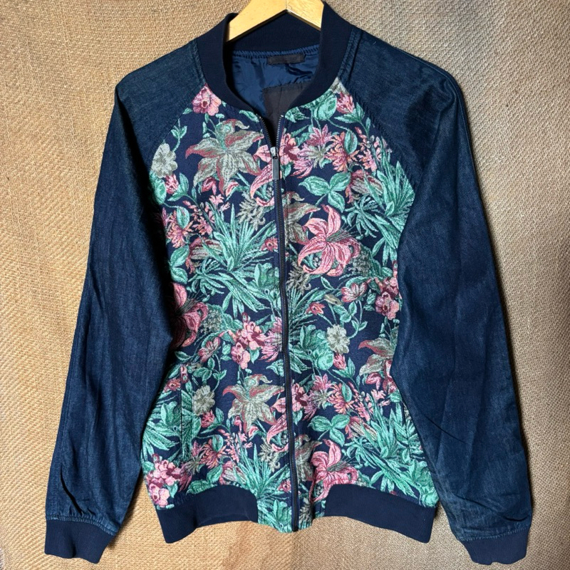 Zara Man Black Tag Floral Vintage Denim Bomber Jacket Man