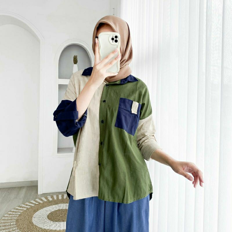 LUGINA SHIRT Army Baju Busui Linen Navy Panjang Tangan Wanita Atasan Casual