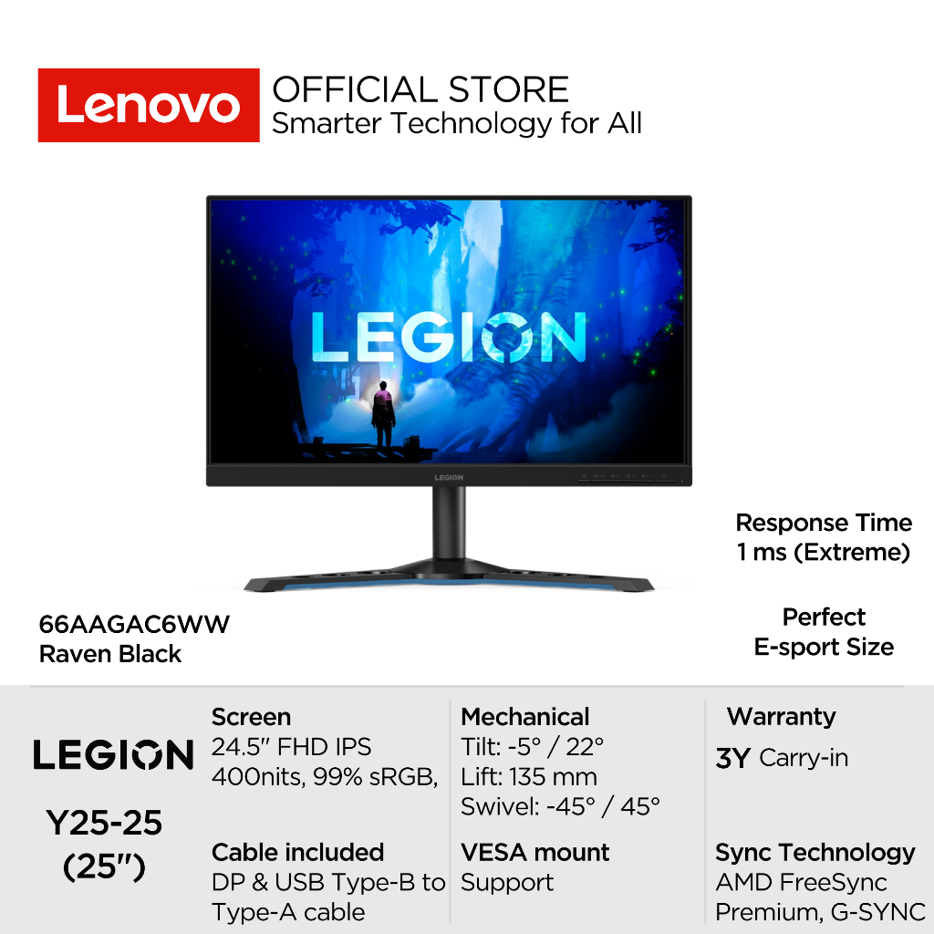 Lenovo Gaming Monitor Legion Y25-25 24.5" FHD IPS AMD FreeSync Premium 240Hz 99% sRGB 66AAGAC6WW