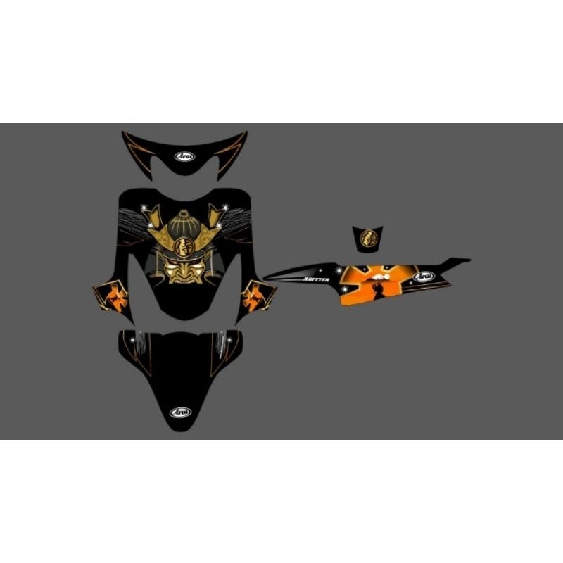 STRIPING STICKER YAMAHA MIO SPORTY SEMI DECAL BAHAN TRANSPARAN STYLE ALA MOTIF ARAI SAMURAI GOLD