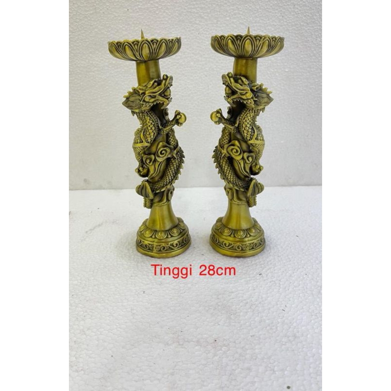 tempat lilin / tatakan lilin  - motif naga melingkar - kuningan - tinggi 28cm
