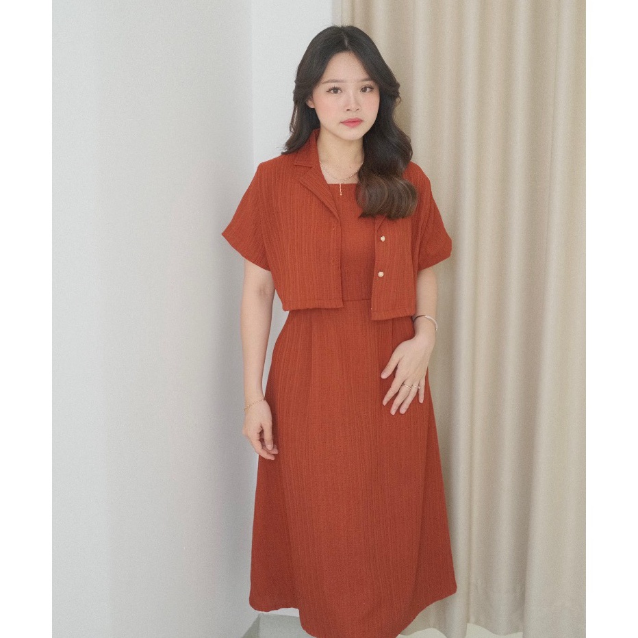 Hari Set 2in1 Midi Dress Blazer  Blazer Crop Kancing  Dress Midi Polos