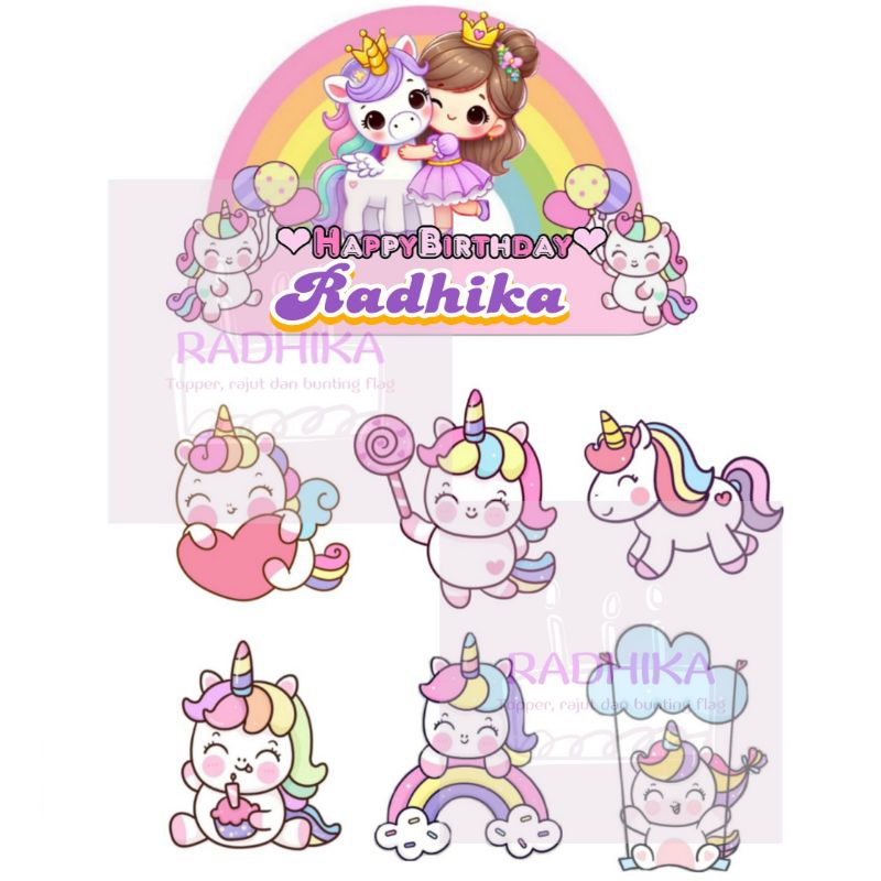 Topper Unicorn kuda poni custom nama hiasan kue