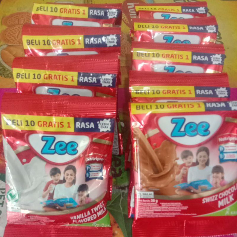 

ZEE susu rasa vanila twist dan swizz coklat 1 renceng 10+1@37 gr
