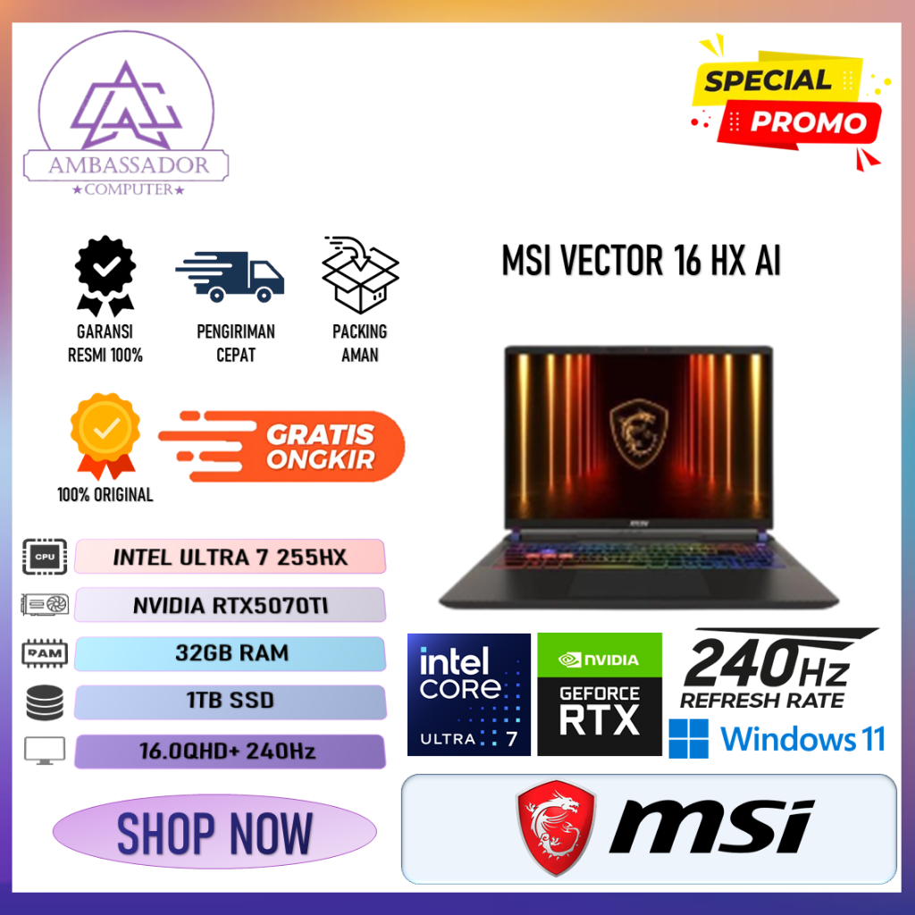 Msi Vector 16 HX AI RTX5070TI 12GB ULTRA 7 255HX 32GB 1TB Win11 OHS 16.0QHD+ 240HZ 100DCIP3 24zRGB