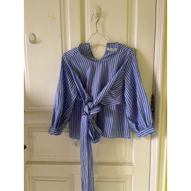 blouse blue stripped cottonink defect wanita