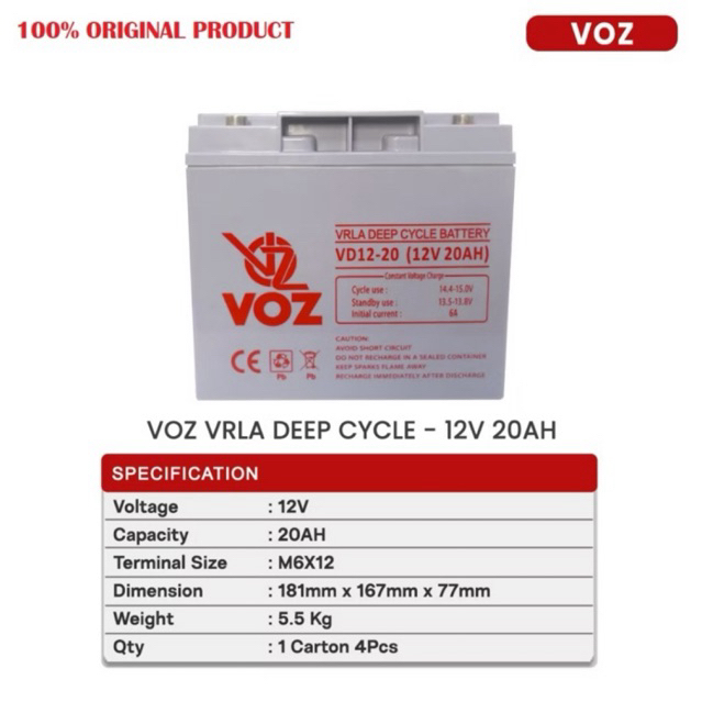 VOZ VD 12-20 Aki UPS Baterai Kering VOZ VRLA DEEP CYCLE BATTERY VD12-20 12V 20Ah Batre 12 Volt 20 Am