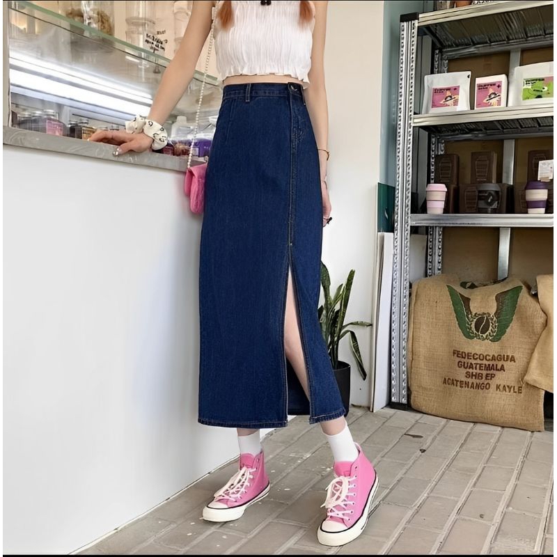 Rok Jeans Wanita Korean Style Rok Wanita Belah Samping Rok Jeans Wanita
