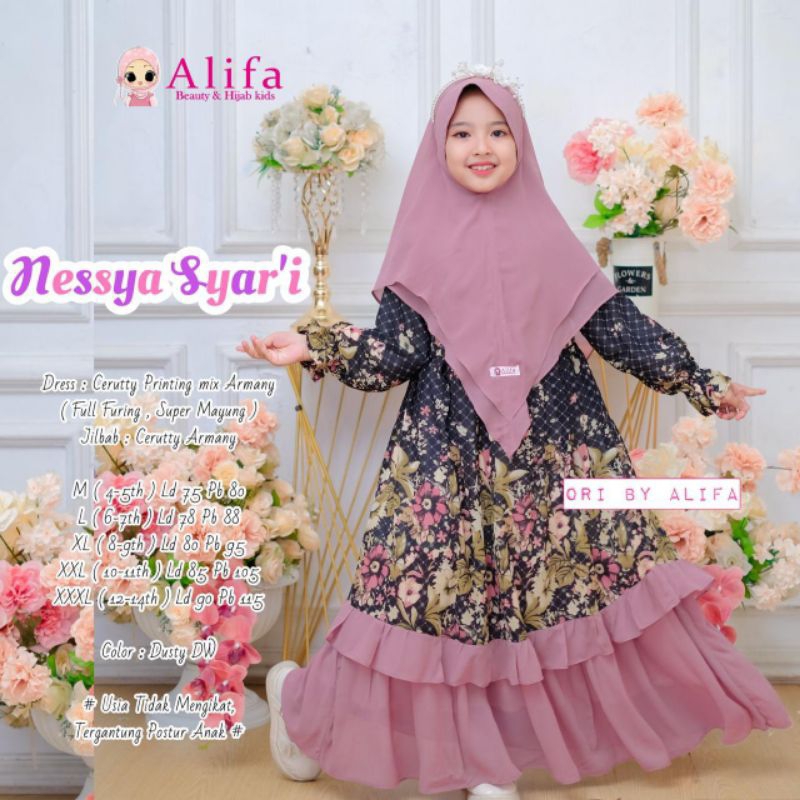 [ ata.id kids ] Nessya Syar'i Gamis Anak Ceruty Motif Mix Polos By Alifa Kids