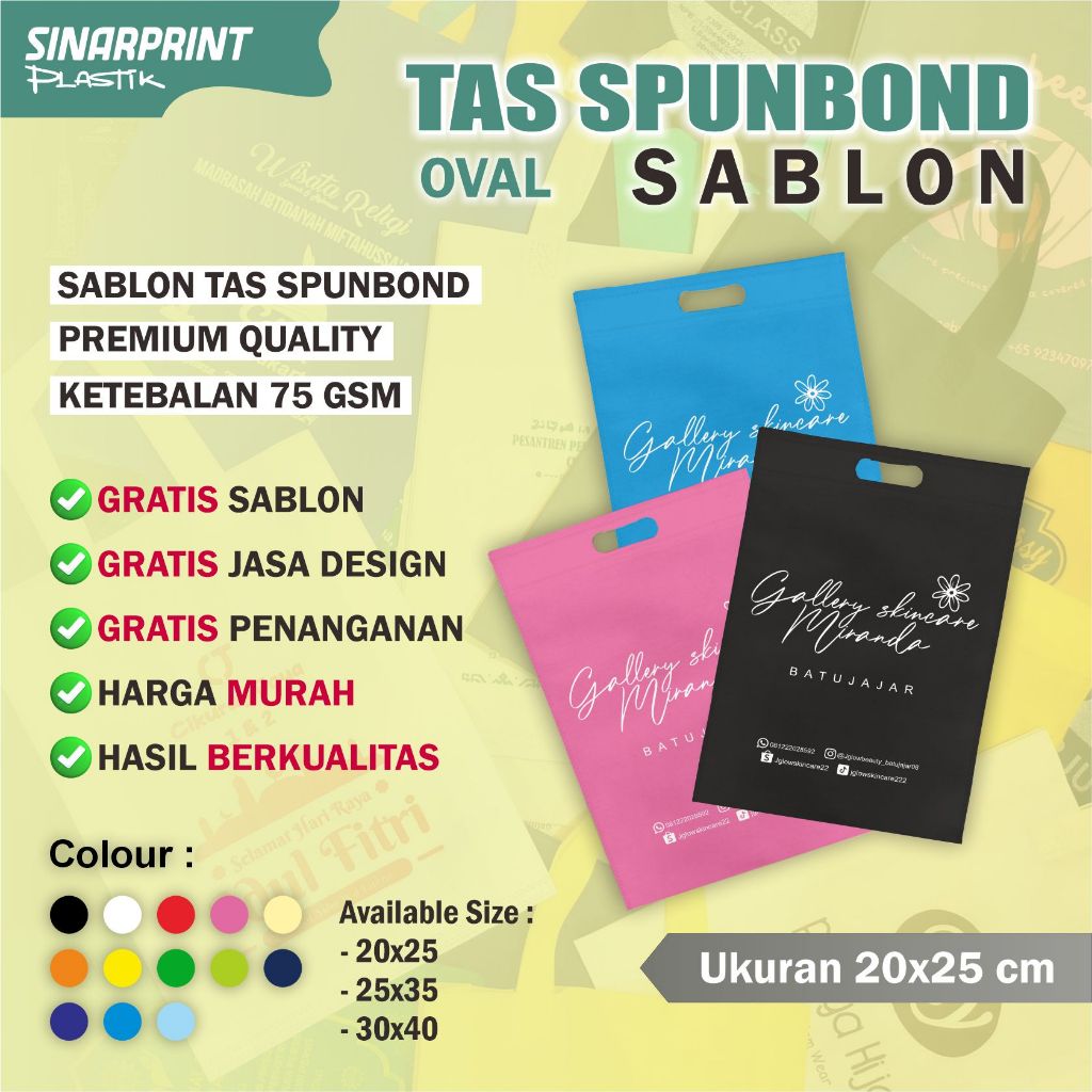 

Tas Spunbond Sablon Ukuran 20x25 OVAL Untuk Souvenir Seminar Pernikahan Ulang Tahun
