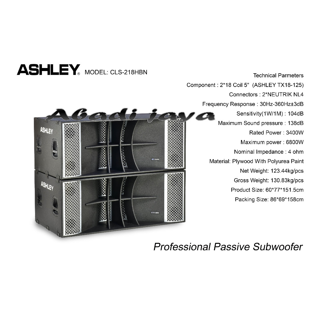 Subwoofer Passive ASHLEY CLS218HBN / CLS 218HBN / CLS 218 HBN GARANSI RESMI 1 TAHUN