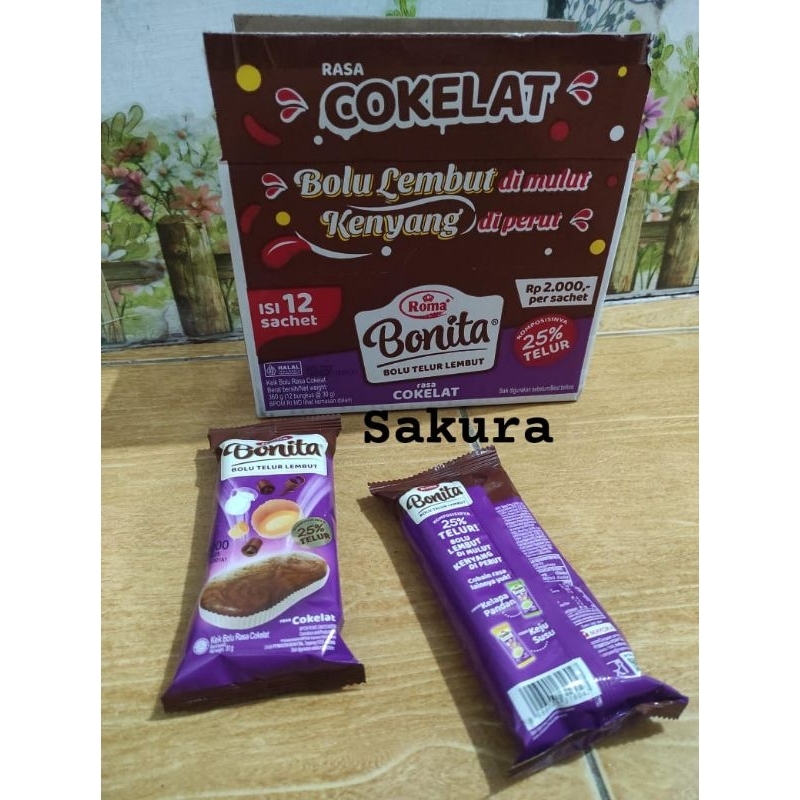 

Roma bonita bolu telur lembut 1dus (12 sachet x 30gr) rasa coklat