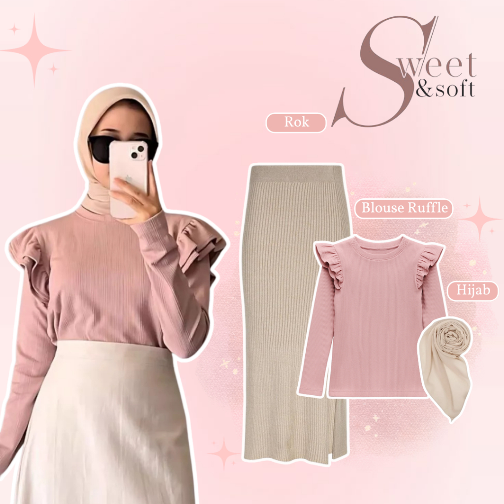 One Set Rok Dan Atasan Korean Style Skirt Plisket - Blouse Ruffle - Hijab Biscuit Outfit Cewek AM059