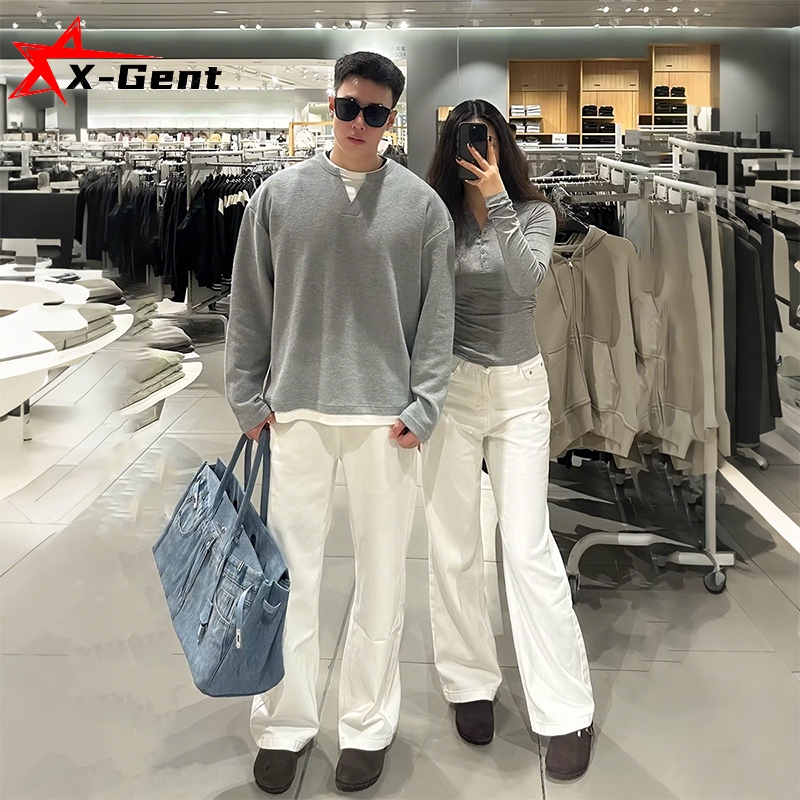 X-Gent celana gombrong jeans putih pria/wanita unisex kulot jumbo baggy denim selvedge loose pants