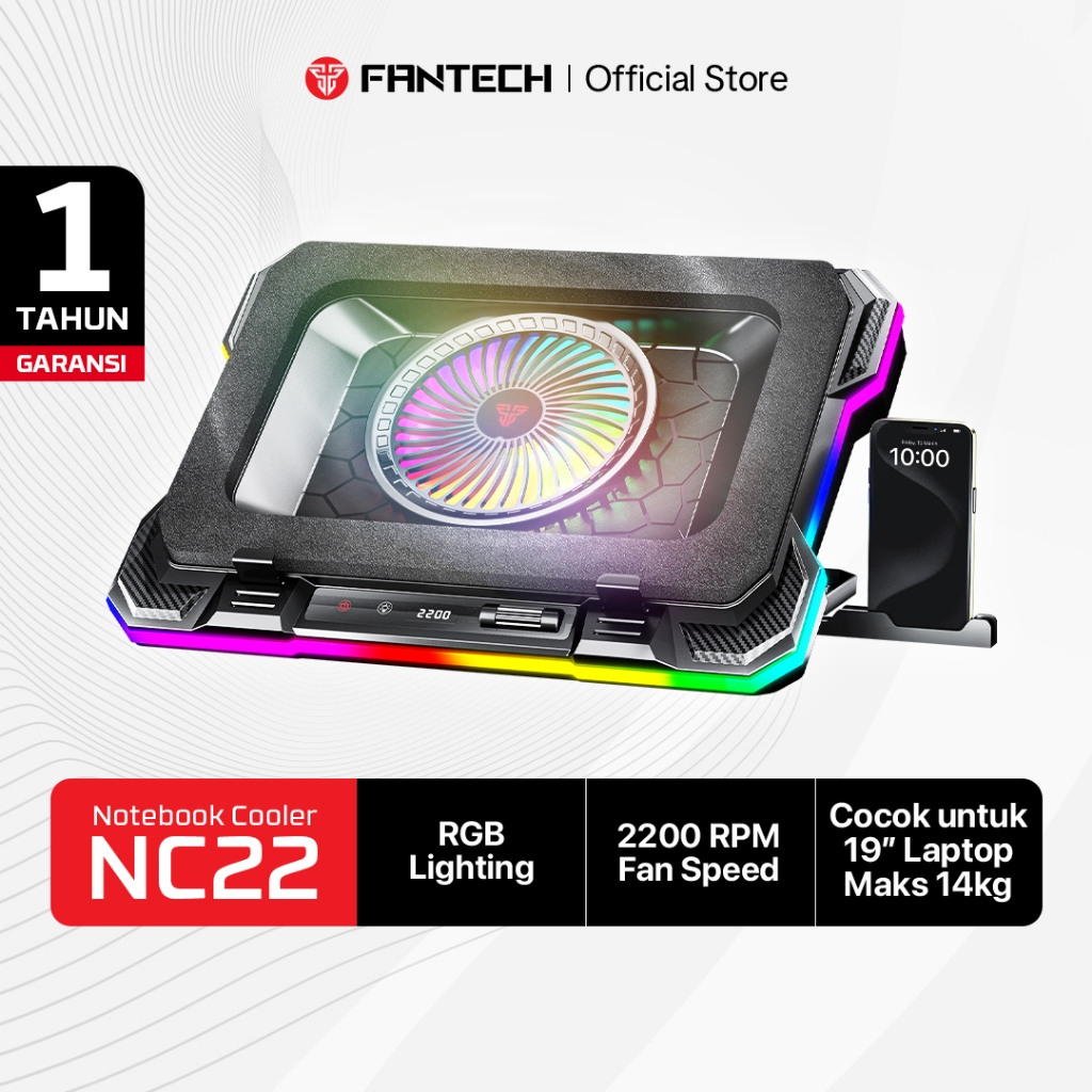 Fantech Cooling Pad RGB NC22 Notebook Cooler with Phone Holder Adjustable Fan Speed up to 14kg 19 in