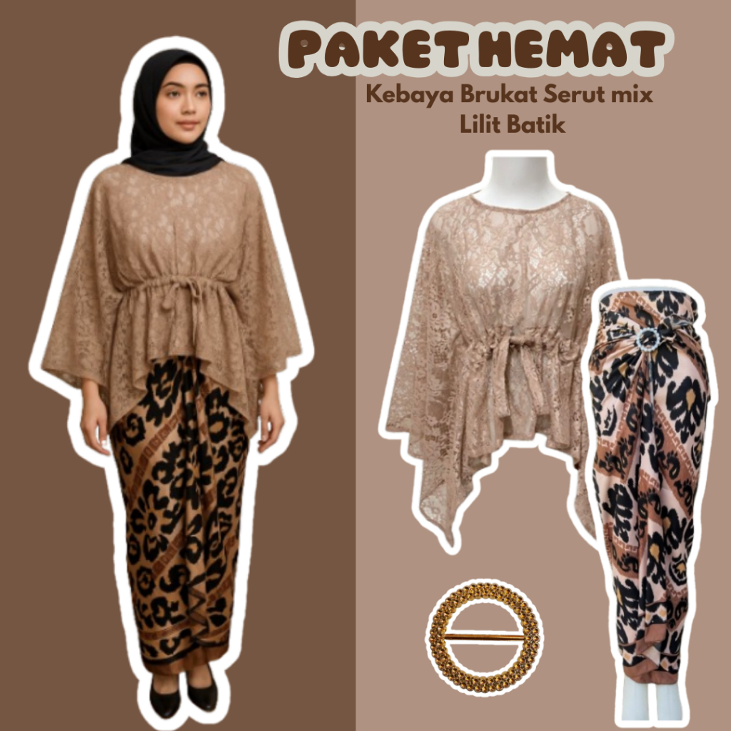 Paket Murah Setelan Kebaya Brukat Kerut Mix Rok Lilit Batik Free Ringbelt Modern Tile Outer Mix Plis