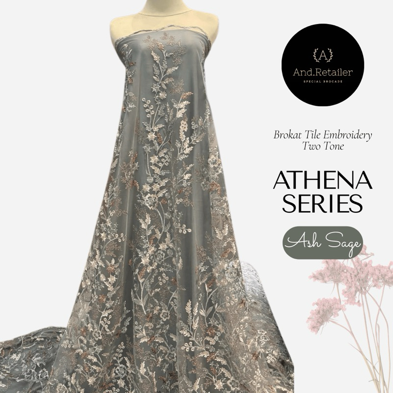 Bahan Kain kebaya Mewah Brokat Tile Embroidery ATHENA Bordir Tebal Motif Timbul 2Tone Warna Ash Gree