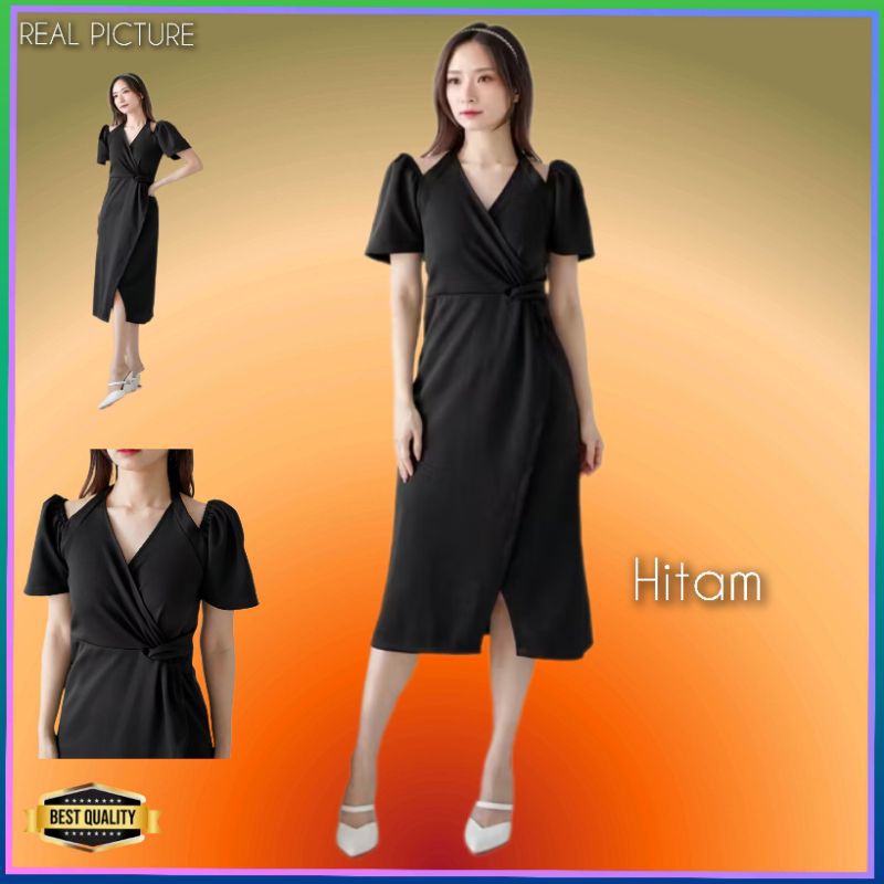 Dress Pesta Wanita Peizhi Gaun Korea Kondangan Elegan Kekinian Hitam