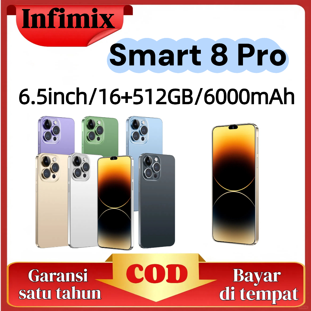 Infinix Smart 8 Pro 5G 6.5 HD+ Dukungan 2 Kartu SIM RAM 16GB ROM 512GB Ponsel Android 11.0