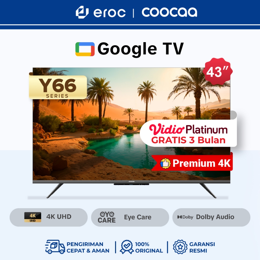 COOCAA TV 43 inch Y66 - 4K Google TV - S AI Engine - HDR10 - Find My Remote - Eye Care - 43Y66