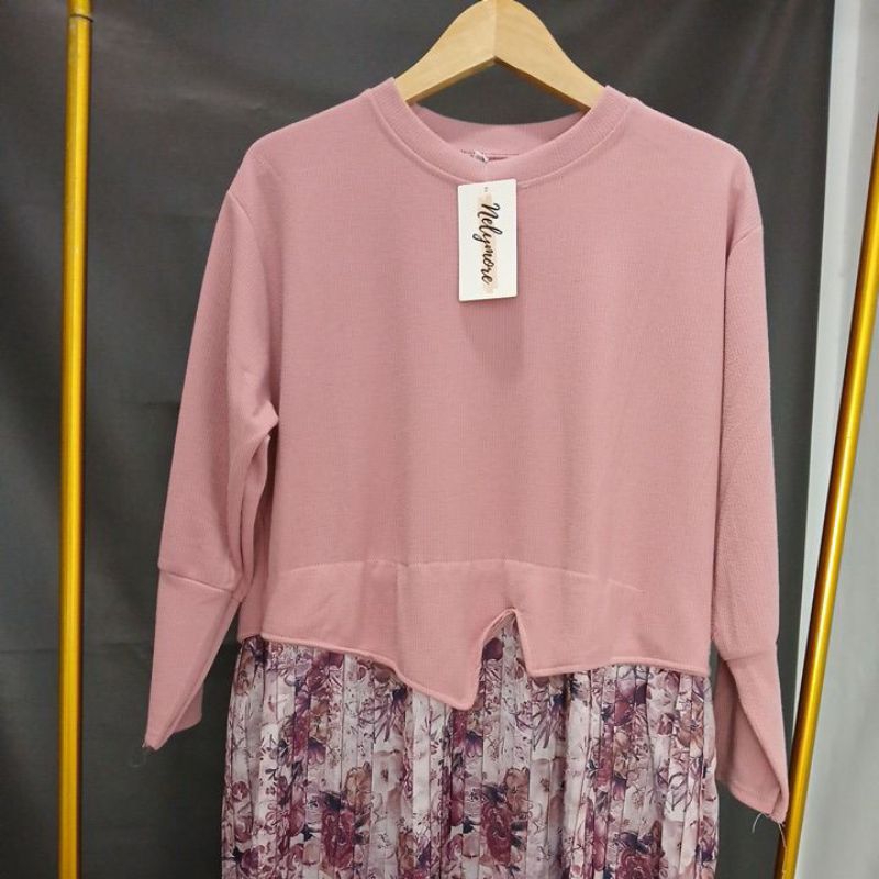 Gamis Knit mix Satin Motif Bunga Plisket