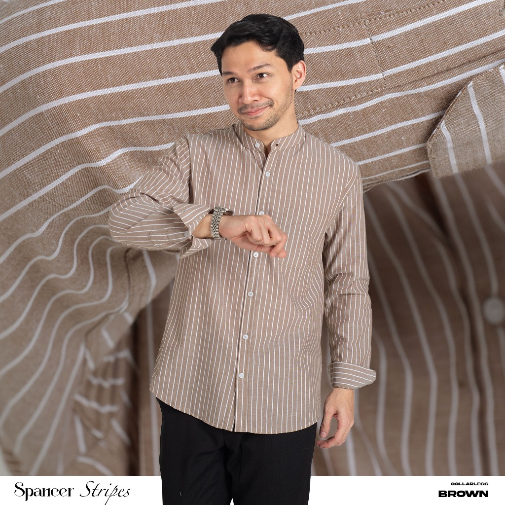 Kemeja Koko Garis Pria WOODCUTTER Collarless Spancer Stripes Kerah Shanghai - Brown Coklat Panjang