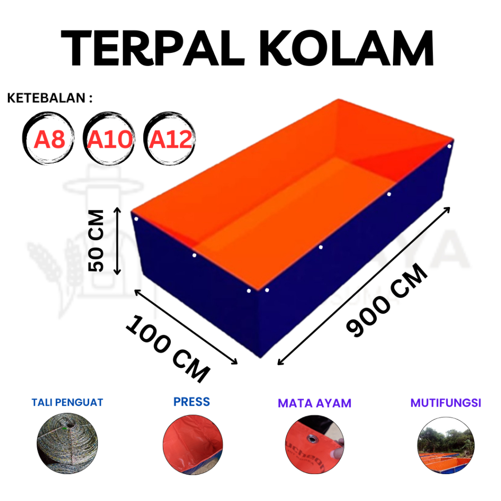 Terpal Kolam Terpal Ikan Kotak 900x100x50 CM - A8 A10 A12 - 100x900x50 CM - 9x1x0,5 M Untuk Budidaya