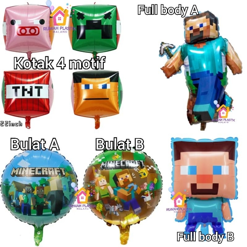 balon minecraft lego mine craft steve full body round bulat biru blue happy birthday hbd ultah ulang