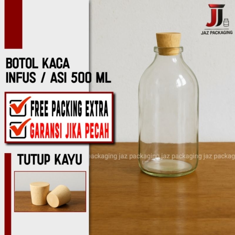 Botol Kaca Asi 500 ml Tutup Kayu Natural / Botol Kaca 500 ml tutup gabus