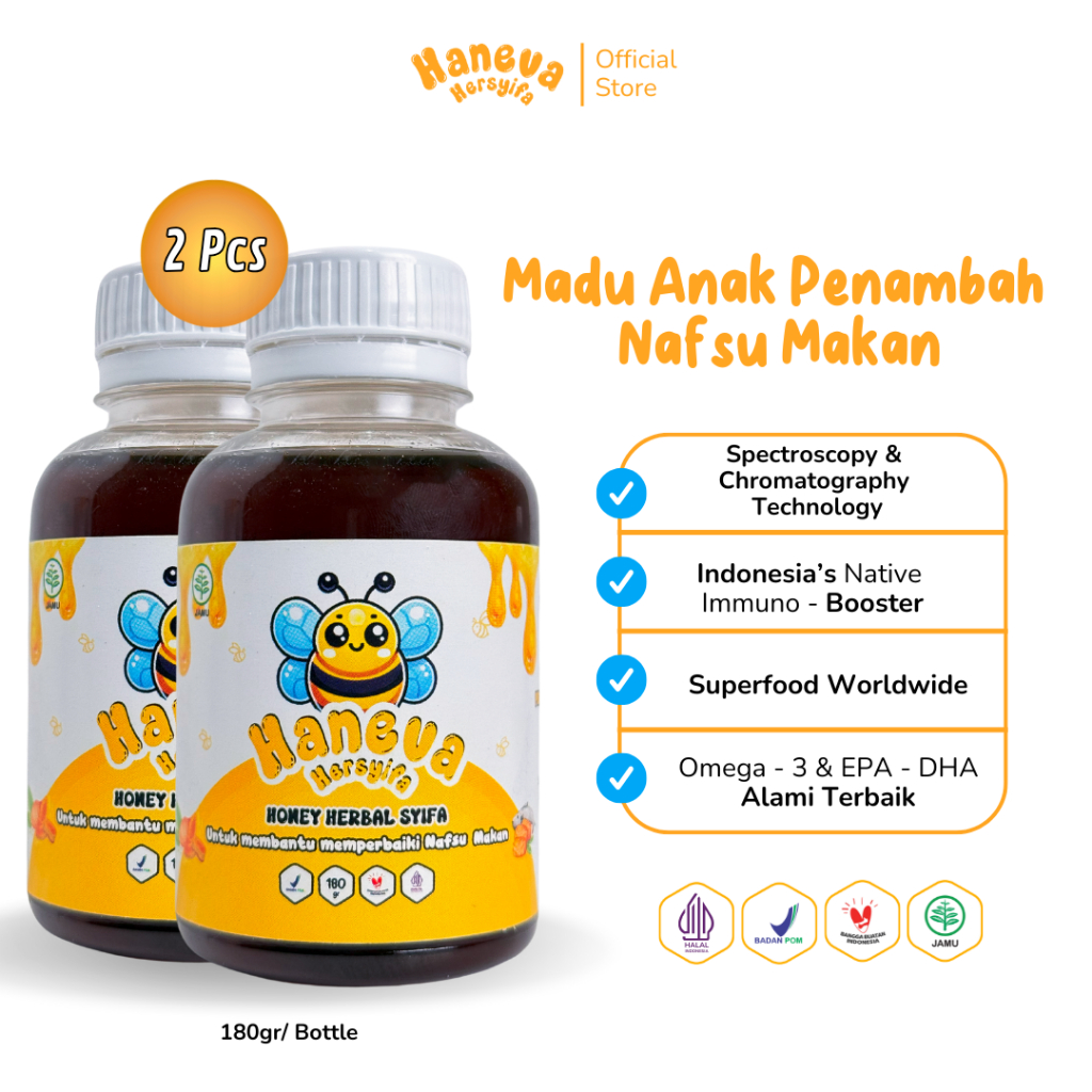 

HANEVA HERSYIFA - Madu Multivitamin Bantu Atasi GTM Anak | BPOM dan Halal MUI - 180 Gram Isi 2 Pcs