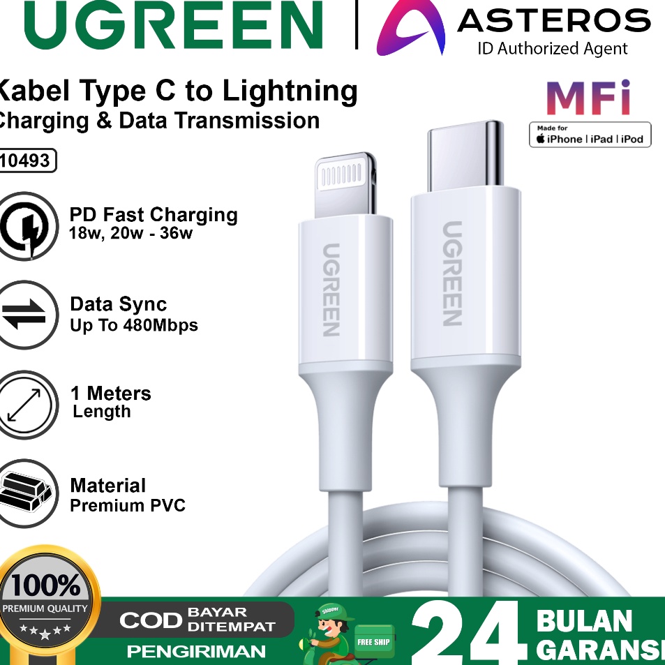 UGREEN Kabel Data Mfi iPhone X XR XS 11 12 13 14 Type C To Lightning Original FAST Charging Max 36W