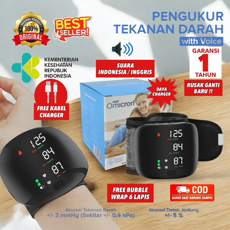 TaffOmicron  Alat Ukur Tekanan Darah Tensimeter Digital Pergelangan Tangan Model Charging Pengukur T