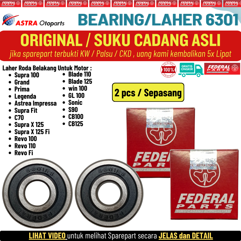 Laher Bearing Roda Belakang 6301 Supra Lama Grand Prima Legenda Astrea Impressa Supra Fit Original