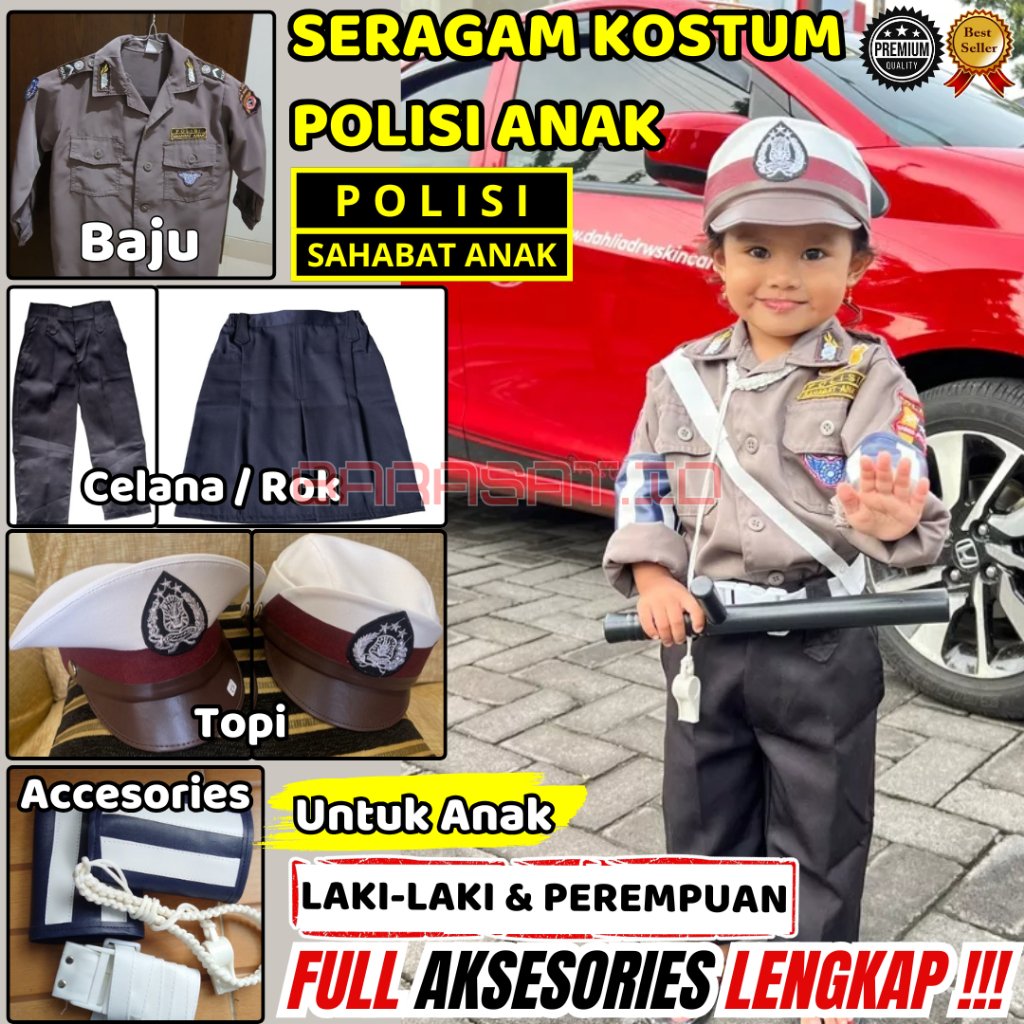 Seragam Lengkap Parade Fashion Show Polisi Anak Sekolah TK SD PAUD Full Aksesories  Cowok Cewek
