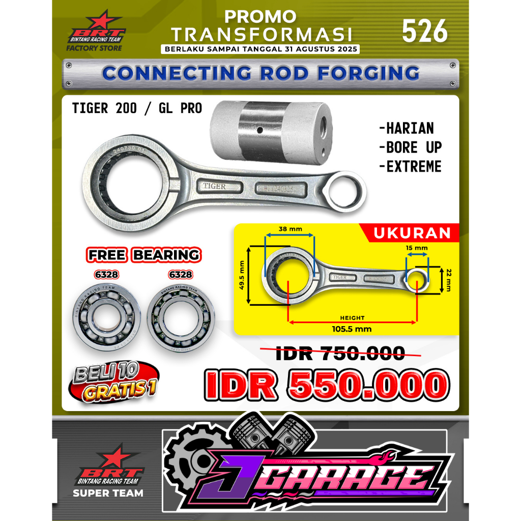 CONROD CONNECTING ROD BRT FORGING KCN/KYO PIN 15 – TIGER 200 / GL PRO – STANG PISTON RACING KRUK AS 