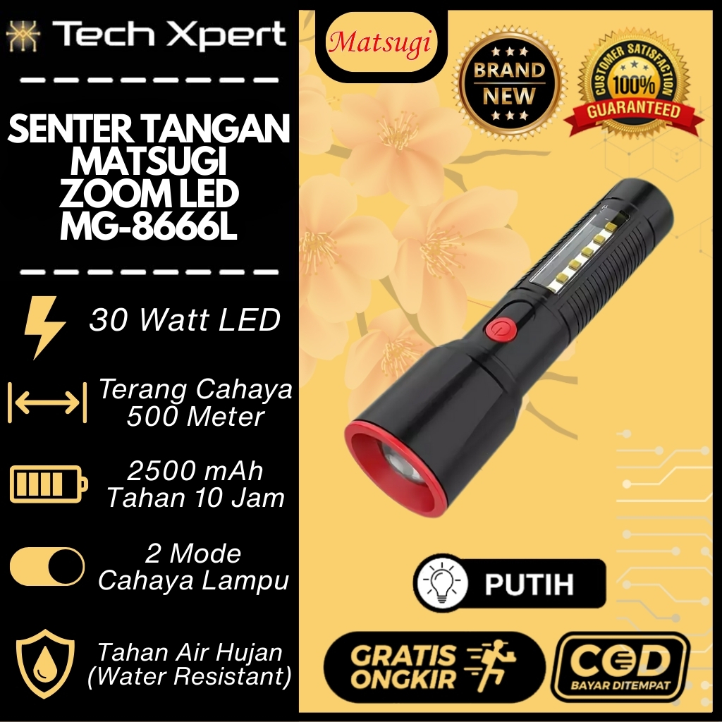 SENTER TANGAN LED ZOOM 30 W+6SMD ALUMINIUM 2 MODE MATSUGI MG-8666L WATER RESISTANT