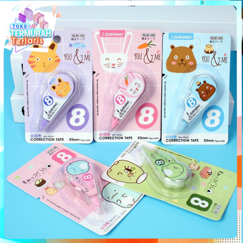 

TTT Correction Tape 8 Meter Students Stationary School Supplies Multiple Color 8M Karakter Lucu Unicorn Penghapus Pena Roll Kertas Mini