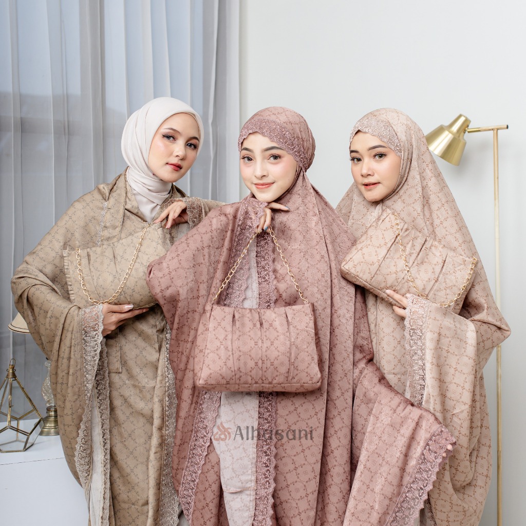 Alhasani Mukena Dewasa Jumbo Santorini Silk 3 in 1 Renda Mewah Hazzta mukena putih premium mewah ele