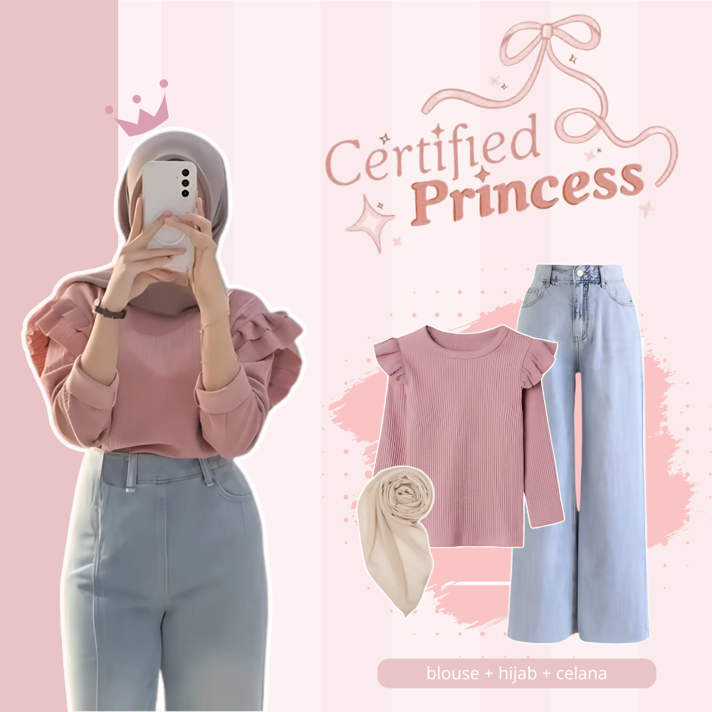 OOTD Korean Look Princess Pinky Setelan Remaja Masa Kini Blouse Hijab Outfit Kekinian