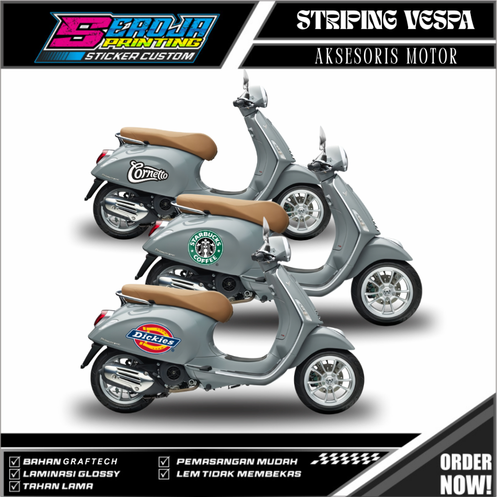 STIKER PRINT AND CUT STICKER LOGO STRIPING VESPA CORNETTO DICKES STARBUCK MEME DAGELAN LUCU MOTOR MO