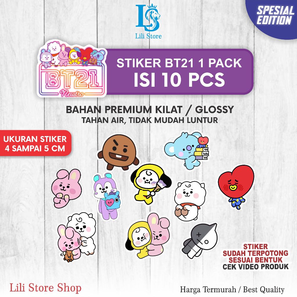 

STIKER GLOSSY PREMIUM BT21 BTS 1 PACK ISI 10 PCS STIKER LUCU COOKY CHIMMY TATA KOYA RJ VAN SHOOKY