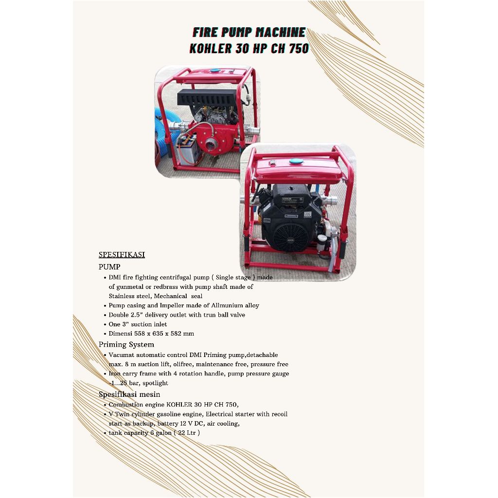 FIRE PUMP MACHINE PORTABLE KOHLER CH 750 30 HP