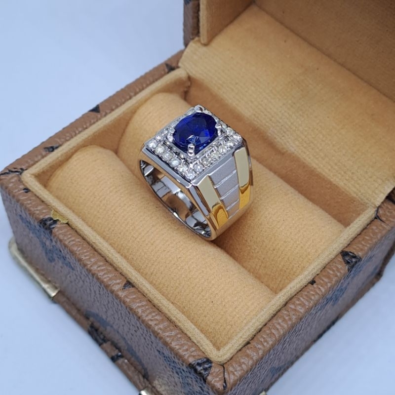 Cincin Berlian Asli Pria Perak Batu Blue Safir