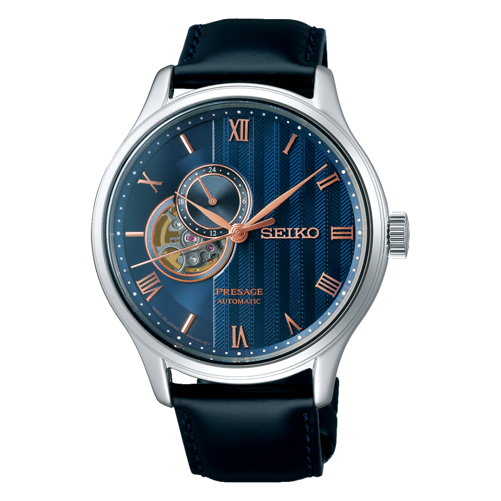 Seiko Presage SSA421J1 Zen Garden Sakura Open Heart Blue Dial Black Leather Strap - Jam Tangan Seiko